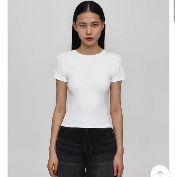 [BUNJANG] Black Up B-Basic Ribbed Round Neck Short Sleeve T-Shirt (Ivory+Black, S) / 블랙업 비베이직 라운드넥 골지 반팔티 아이보리+블랙 S사이즈