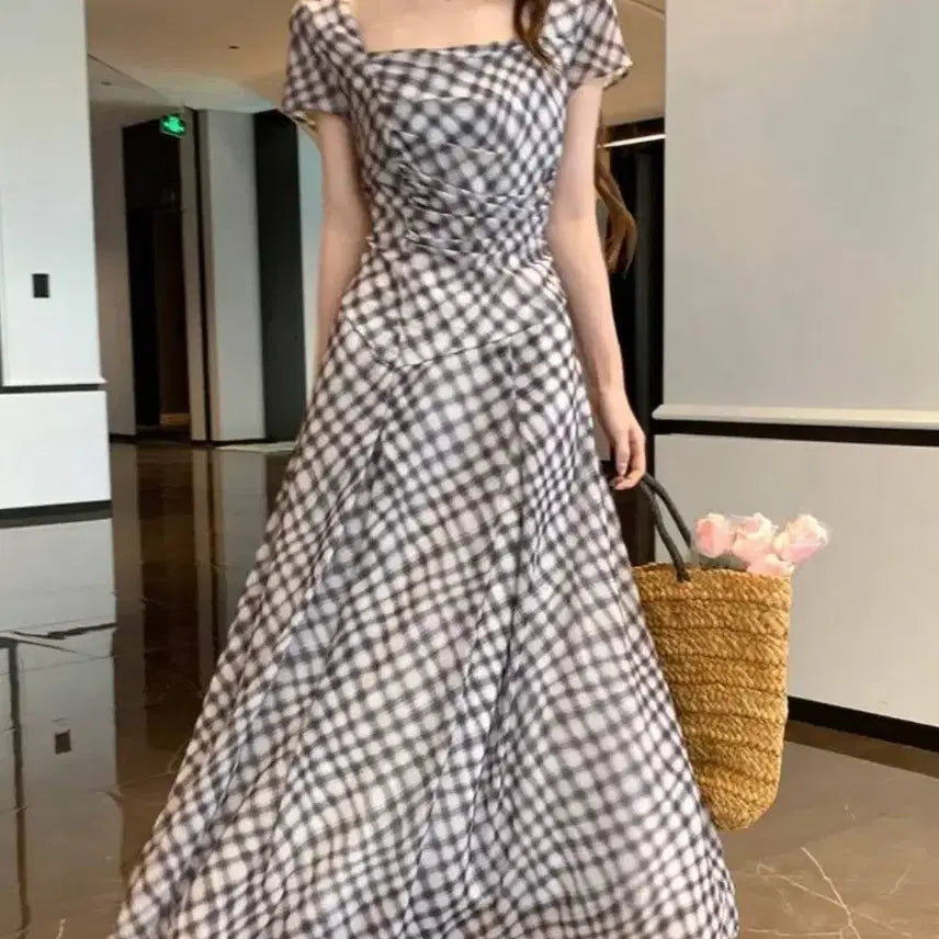 [BUNJANG] Shein Square Neck Check Chiffon Long Dress S / 새상품 쉬인 스퀘어넥 체크 쉬폰원피스 롱원피스 S