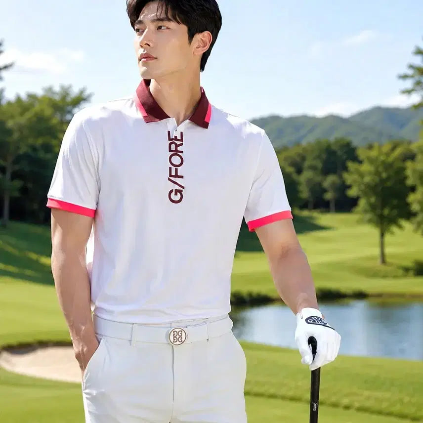 [BUNJANG] Gfore Men's Zip-Up Golf Polo Shirt White Burgundy Neon Pink Piping / [정품/새상품]지포어 남성 집업 골프 폴로셔츠 100
