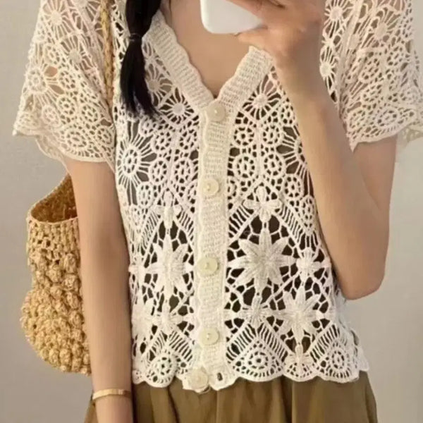 [BUNJANG] Crochet Knit V-Neck Cardigan / 크로셰 니트 가디건