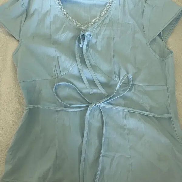 [BUNJANG] Light Blue Lace Ribbon Blouse / 하늘색 레이스 뒷리본 블라우스