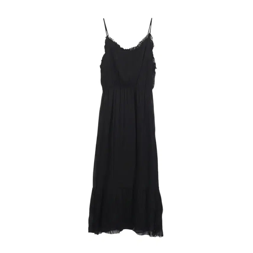 [BUNJANG] Women's Black Frill Spaghetti Strap Long Dress / 여성F/ 블랙 프릴 끈나시 롱 원피스 37-35