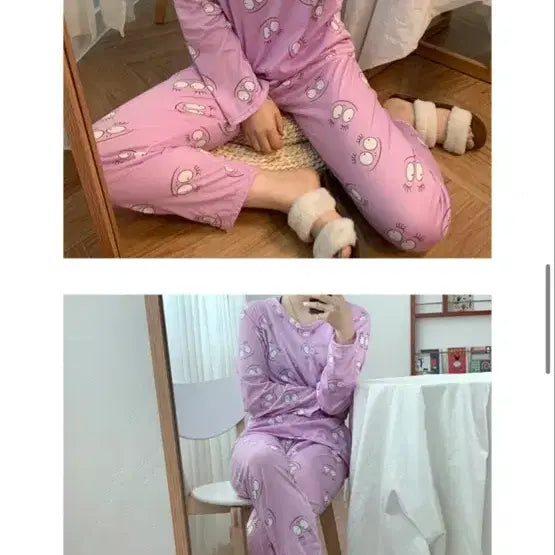 [BUNJANG] Cute Character Pajama Set - Purple Top & Bottom Set / 귀여운 캐릭터 파자마 세트 퍼플 상하세트 한벌