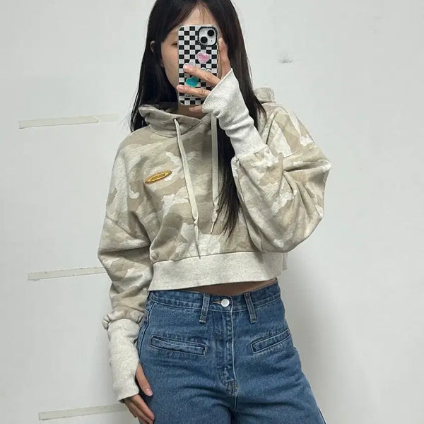 [BUNJANG] Sculptor Camouflage Pattern Cropped Hoodie / 스컬프터 카모플라쥬 패턴 크롭 후드티