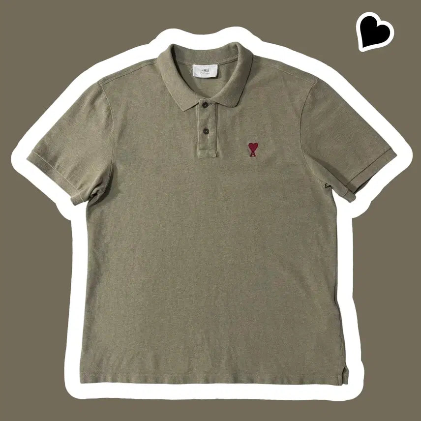 [BUNJANG] Ami Khaki Small Logo Short-Sleeve Polo T-Shirt / 정품 아미 카키 스몰로고 반팔카라티