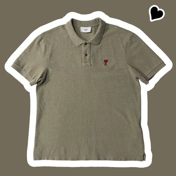 [BUNJANG] Ami Khaki Small Logo Short-Sleeve Polo T-Shirt / 정품 아미 카키 스몰로고 반팔카라티