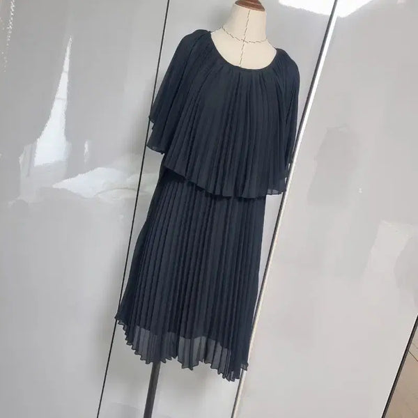 [BUNJANG] Black Chiffon Pleated Dress / 모던한 블랙 쉬폰 플리츠 원피스 44~55