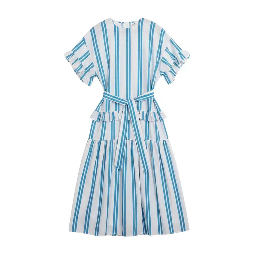 [BUNJANG] Women's Stripe Frilled Waist Tie Dress / 여성F/ 쿨톤 스트라이프 프릴드 허리끈 원피스 BL 37-51