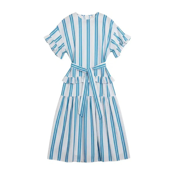 [BUNJANG] Women's Stripe Frilled Waist Tie Dress / 여성F/ 쿨톤 스트라이프 프릴드 허리끈 원피스 BL 37-51