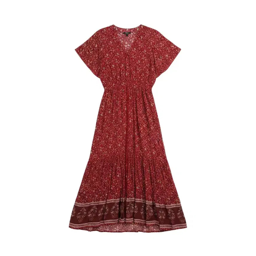 [BUNJANG] Women's Red Tone Ethnic Pattern Short Sleeve Long Dress / 여성F/ 레드톤 에스닉 패턴 반팔 롱원피스 21-3