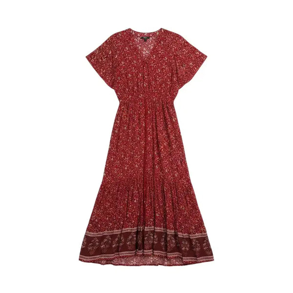 [BUNJANG] Women's Red Tone Ethnic Pattern Short Sleeve Long Dress / 여성F/ 레드톤 에스닉 패턴 반팔 롱원피스 21-3