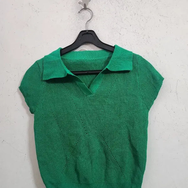 [BUNJANG] Green Cropped Collar Short-Sleeve Knit T-Shirt / 초록색 크롭카라 반팔 니트티셔츠