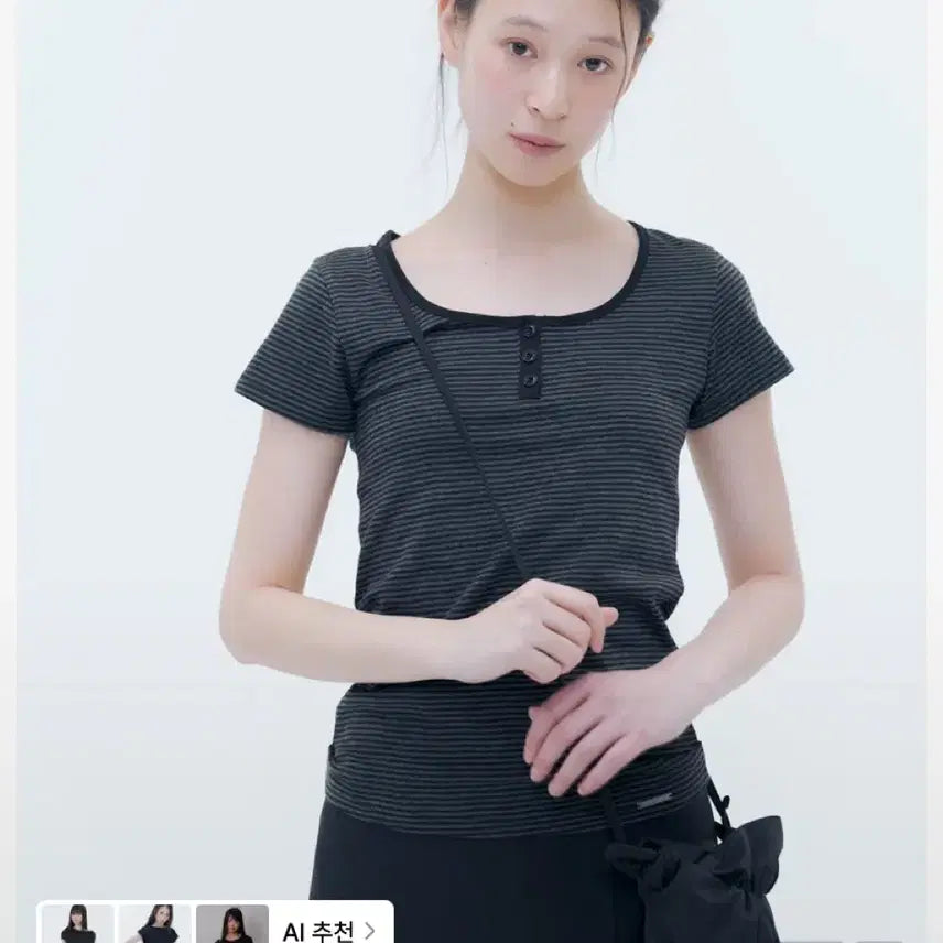 [BUNJANG] Miseki Seoul Striped Henley Neck Short Sleeve Top / 미세키서울 Striped henley neck short sleeves