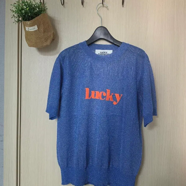 [BUNJANG] Lucky Chouette Glitter Blue Short Sleeve T-Shirt / 럭키슈에뜨 글리터  블루 반팔 티셔츠