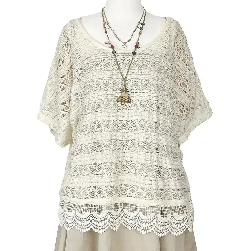 [BUNJANG] Vintage Lace Poncho Oversized T-Shirt Light Beige / 일본빈티지 레이스판초판쵸핏오버반팔티라이트베이지 모리걸하구미룩갸루y2k히피