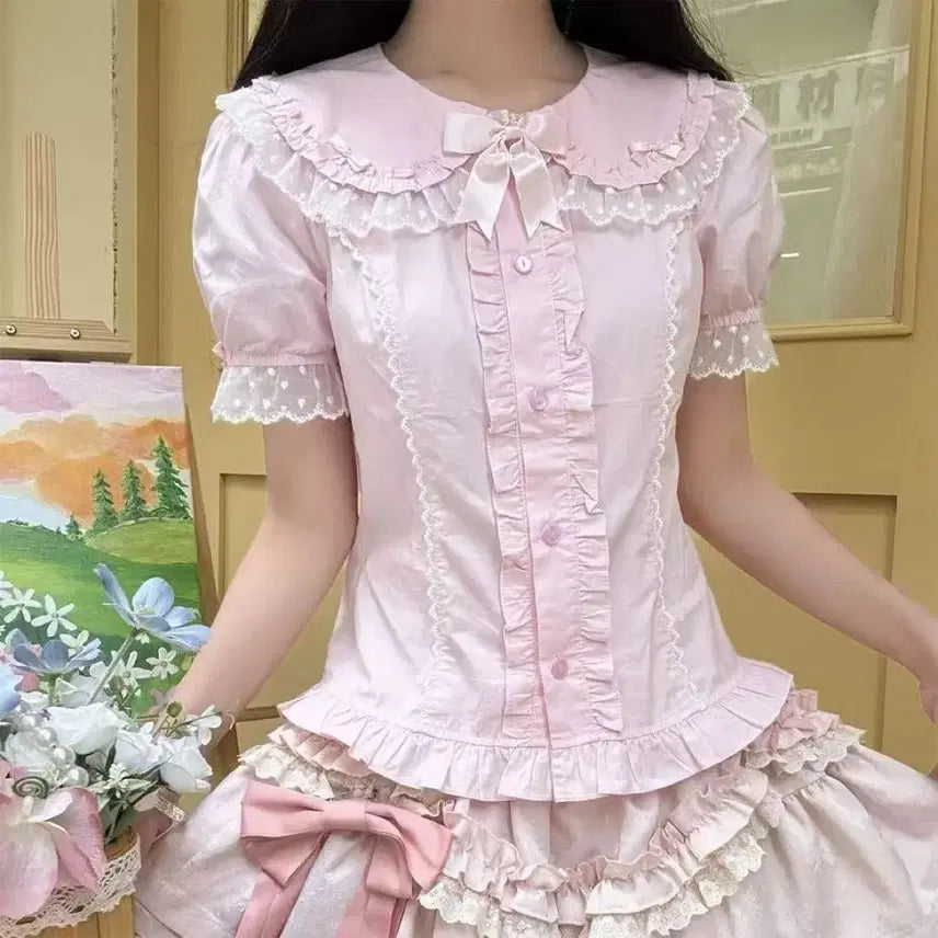 [BUNJANG] Lolita Lace Frill Large Collar Ribbon Short Sleeve Blouse / 로리타 레이스 프릴 큰칼라 리본 반팔 블라우스 여성 퍼프소매 셔츠(2컬러