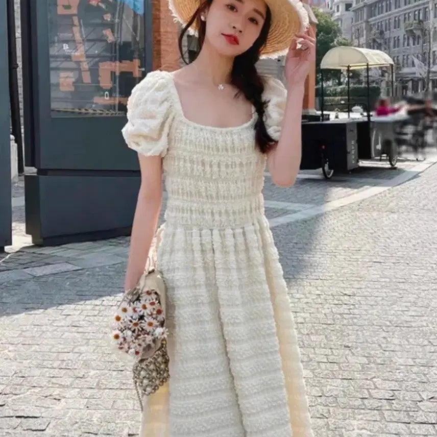 [BUNJANG] Ivory Puff Sleeve Smocking Long Dress / 디자인고급롱원피스