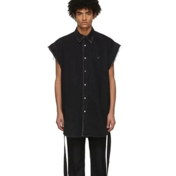[BUNJANG] John Lawrence Sullivan 21S Cutting Sleeveless Denim Jacket with Piercing Detail / 존로렌스설리반 21s 컷팅 민소매 피어싱디테일 데님자켓