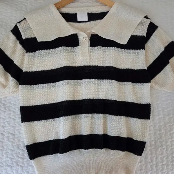 [BUNJANG] Stripe Knit Short Sleeve T-Shirt / 단가라 니트 반팔