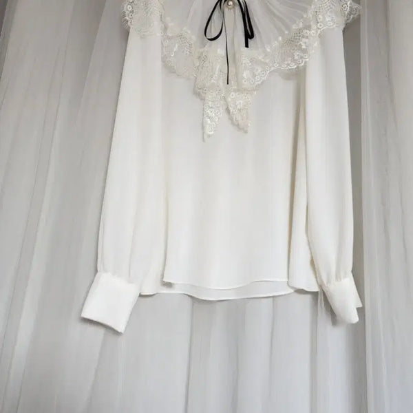 [BUNJANG] Lace Ribbon Blouse Ivory / 레이스 리본 블라우스 아이보리
