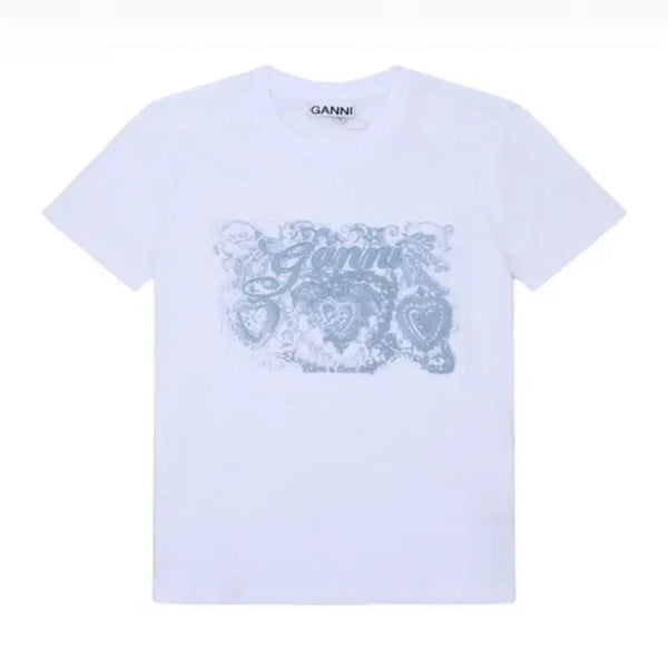[BUNJANG] GANNI Tattoo Lace Logo Embroidered Short Sleeve T-Shirt / 가니 타투 레이스 로고 자수 반팔티