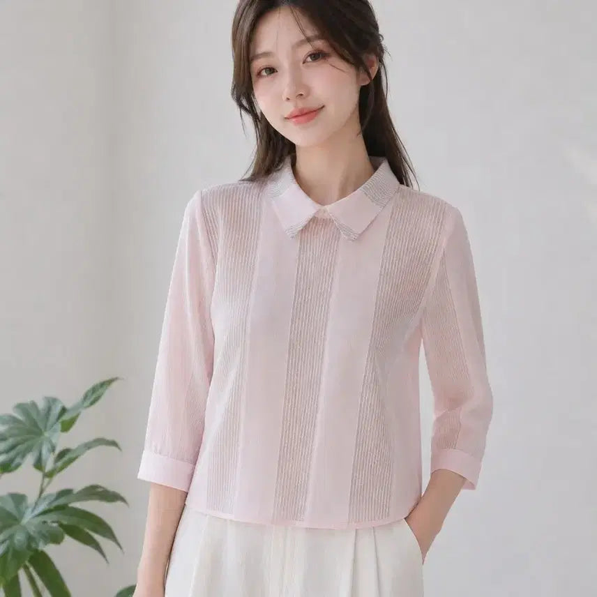 [BUNJANG] MOSKA Pink Sheer Striped Layered Blouse 55 / MOSKA 모스카 핑크 시스루 셔츠형 블라우스 55 | 망사 레이어드