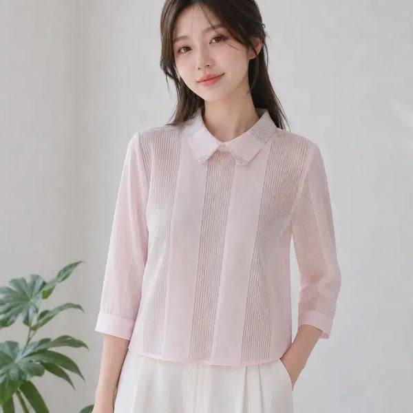 [BUNJANG] MOSKA Pink Sheer Striped Layered Blouse 55 / MOSKA 모스카 핑크 시스루 셔츠형 블라우스 55 | 망사 레이어드