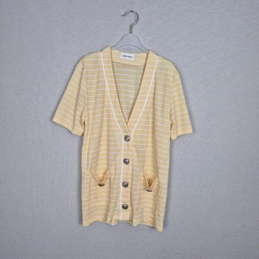 [BUNJANG] Yellow White Stripe Short Sleeve Cardigan / (#55,66추천)레이온75% 옐로우 화이트 스트라이프 반팔 가디건