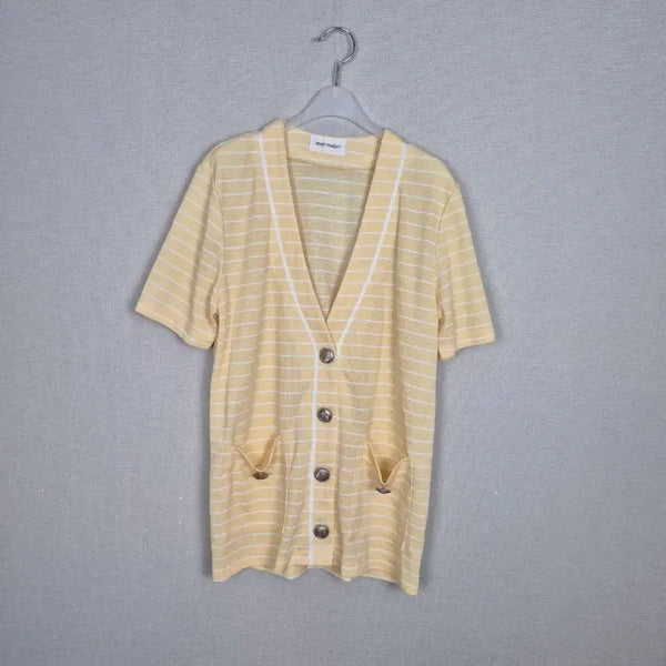 [BUNJANG] Yellow White Stripe Short Sleeve Cardigan / (#55,66추천)레이온75% 옐로우 화이트 스트라이프 반팔 가디건