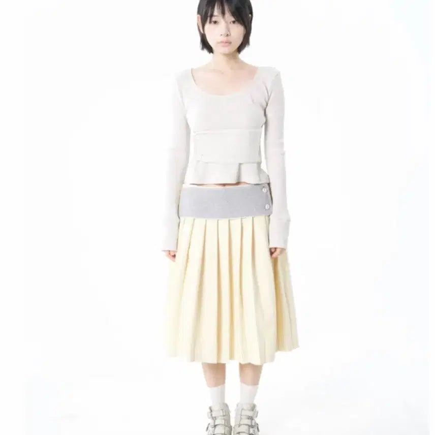 [BUNJANG] OSHIAI Band Pleats Skirt Baby Yellow / 오스하이 밴드 플리츠 스커트 베이비옐로우