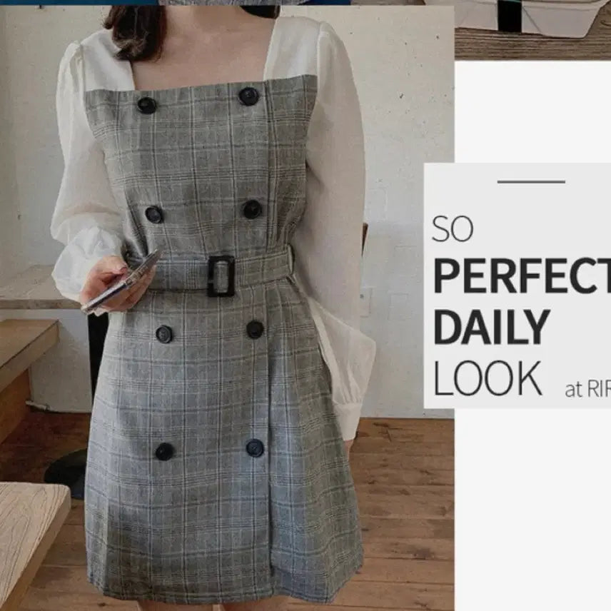 [BUNJANG] Rirri & Co. Checkered Square Neck Double Button Belted Dress / 리리앤코 체크 스퀘어넥 더블 버튼 벨티드 원피스
