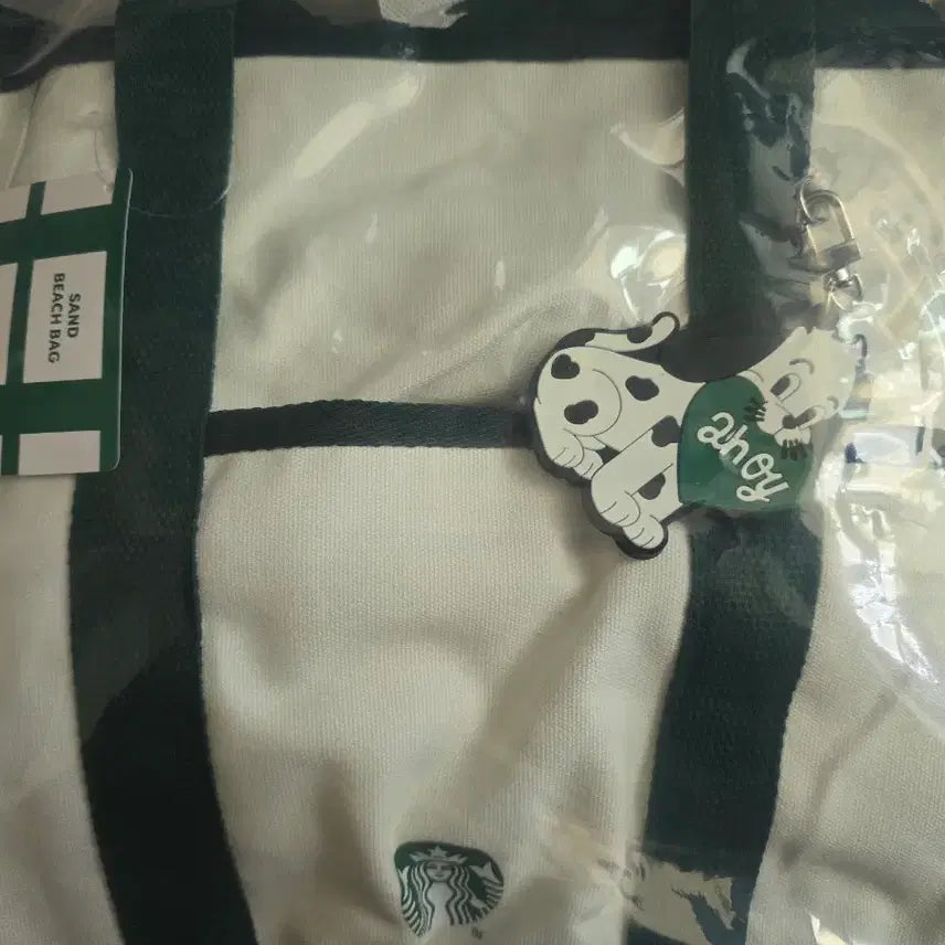 [BUNJANG] Starbucks Sand Beach Bag & Dog Charm Set / 스타벅스 샌드 비치백 + 댕댕이 키링