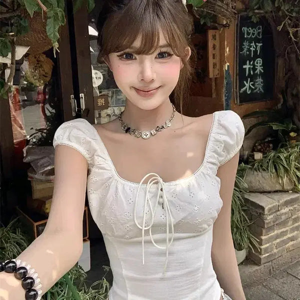 [BUNJANG] White Ribbon Lace Crop Blouse Puff Sleeve / 화이트 리본 레이스 블라우스 크롭나시 나시블라우스 퍼프블라우스 양산형