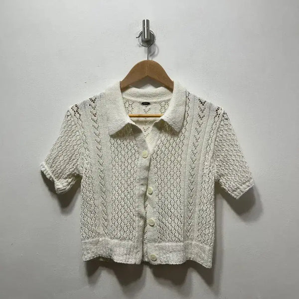 [BUNJANG] Cover Knit Collar Short Sleeve Cardigan - Ivory / CoVER 니트 카라 반팔 가디건 아이보리