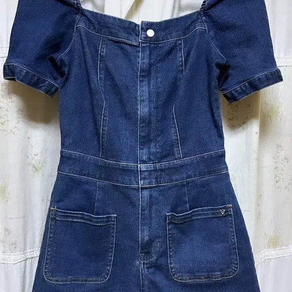 [BUNJANG] Guess Women's Denim Jumpsuit Puff Sleeve Square Neck / 게스 여성 데님 점프수트