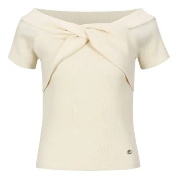 [BUNJANG] Com Studio Off-Shoulder Short-Sleeve Knit - Beige/Ivory / 콤 스튜디오 오프숄더 반팔 니트 베이지 아이보리