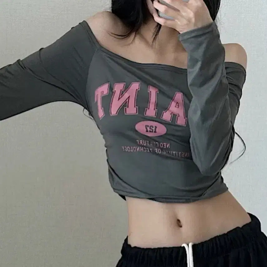 [BUNJANG] Pink Printing Cropped Long Sleeve T-Shirt / 핑크 프린팅 크롭