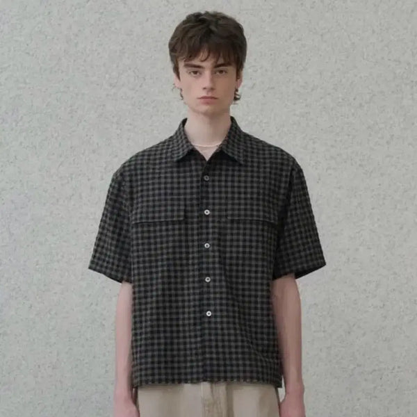 [BUNJANG] Noun Tartan Check Short Sleeve Shirt Sand Brown Size 2 / 노운 타탄 체크 반팔셔츠 샌드브라운 2사이즈
