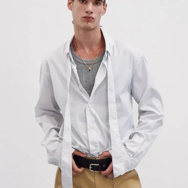 [BUNJANG] Recto Pin Stripe Tie Shirt White / 렉토 핀 스트라이프 타이 셔츠 화이트