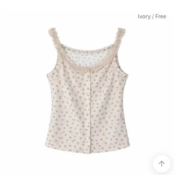 [BUNJANG] Rose Flower Frill Sleeveless Blouse Ivory / 로즈 플라워 프릴 나시 빈티지 블라우스 아이보리