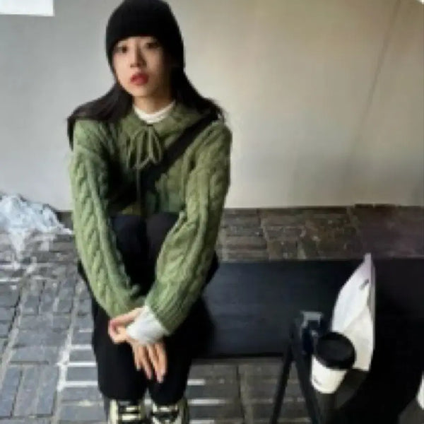 [BUNJANG] Wooha Cable Knit Hooded Cardigan Green / 우화 케이블 니트 후드 가디건 green