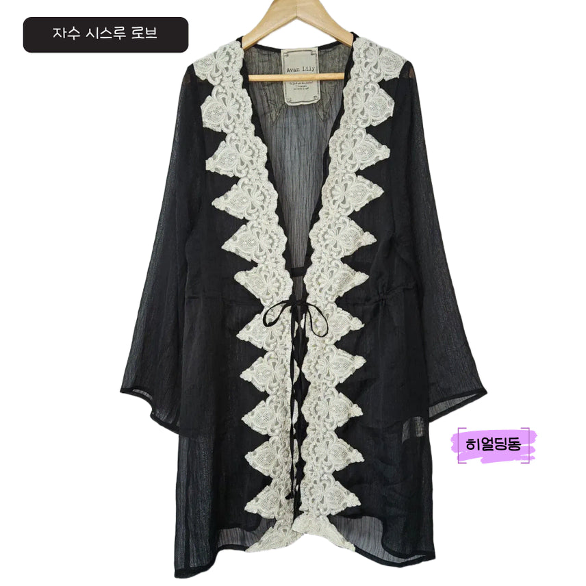 [BUNJANG] Embroidered Waist Ribbon Robe Cardigan / 딩동 :) 여름세일/새/M/자수 장식 허리 리본 로브 가디건_11
