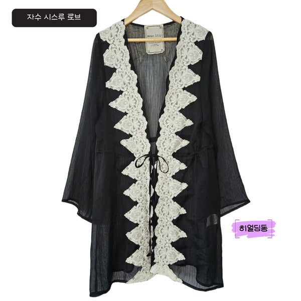 [BUNJANG] Embroidered Waist Ribbon Robe Cardigan / 딩동 :) 여름세일/새/M/자수 장식 허리 리본 로브 가디건_11