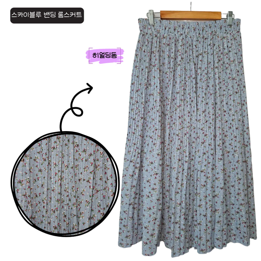 [BUNJANG] Here DingDong Sky Blue Floral Pleated Long Skirt / 딩동 :) 여름세일/L/스카이블루 잔꽃 플리츠 롱스커트_5