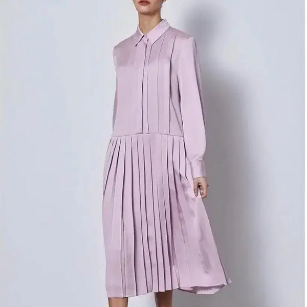 [BUNJANG] Haebyhaekim Pleated Shirt Long Dress Pink / 해바이해킴 플리츠 셔츠 롱원피스 핑크 긴팔새틴하객룩 haebyhaekim
