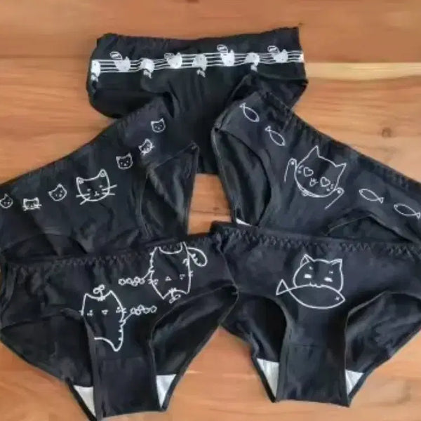 [BUNJANG] Women's Underwear Set - Cat Pattern, Black (15 pcs) / 여성 속옷 고양이 패턴 블랙  15장