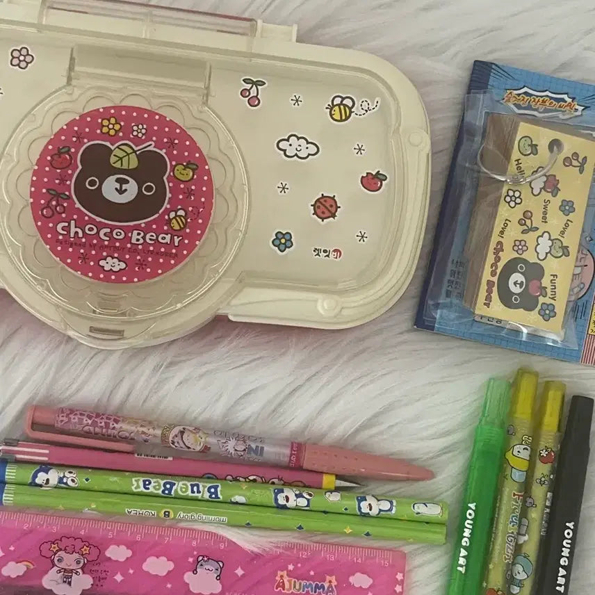 [BUNJANG] Vintage Choco Bear Pencil Case Stationery Set / 고전빈티지 쵸코베어 필통 학용품