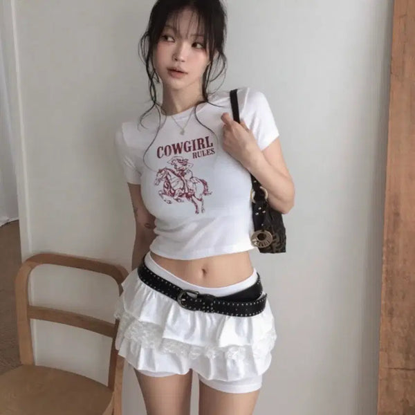 [BUNJANG] Hipnatic Cowgirl Slim Crop Baby T-Shirt Ivory / 히프나틱 카우걸 슬림 크롭 베이비 티셔츠 아이보리