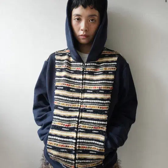 [BUNJANG] FABRIC BLOCK HOODED ZIP-UP NAVY / 공테잎 FABRIC BLOCK HOODED ZIP-UP NAVY