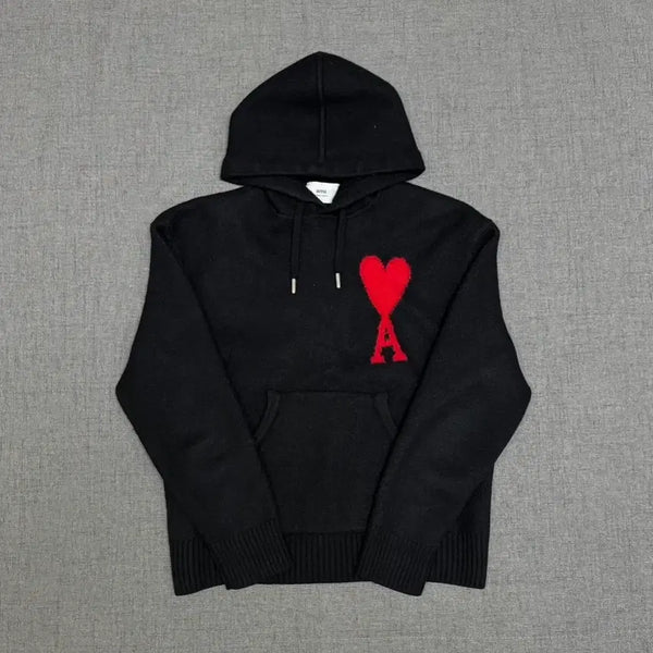 [BUNJANG] AMI Big Heart Logo Oversized Intarsia Hoodie Black Red / 아미 빅 하트 로고 오버사이즈 인타르시아 후드 블랙 레드